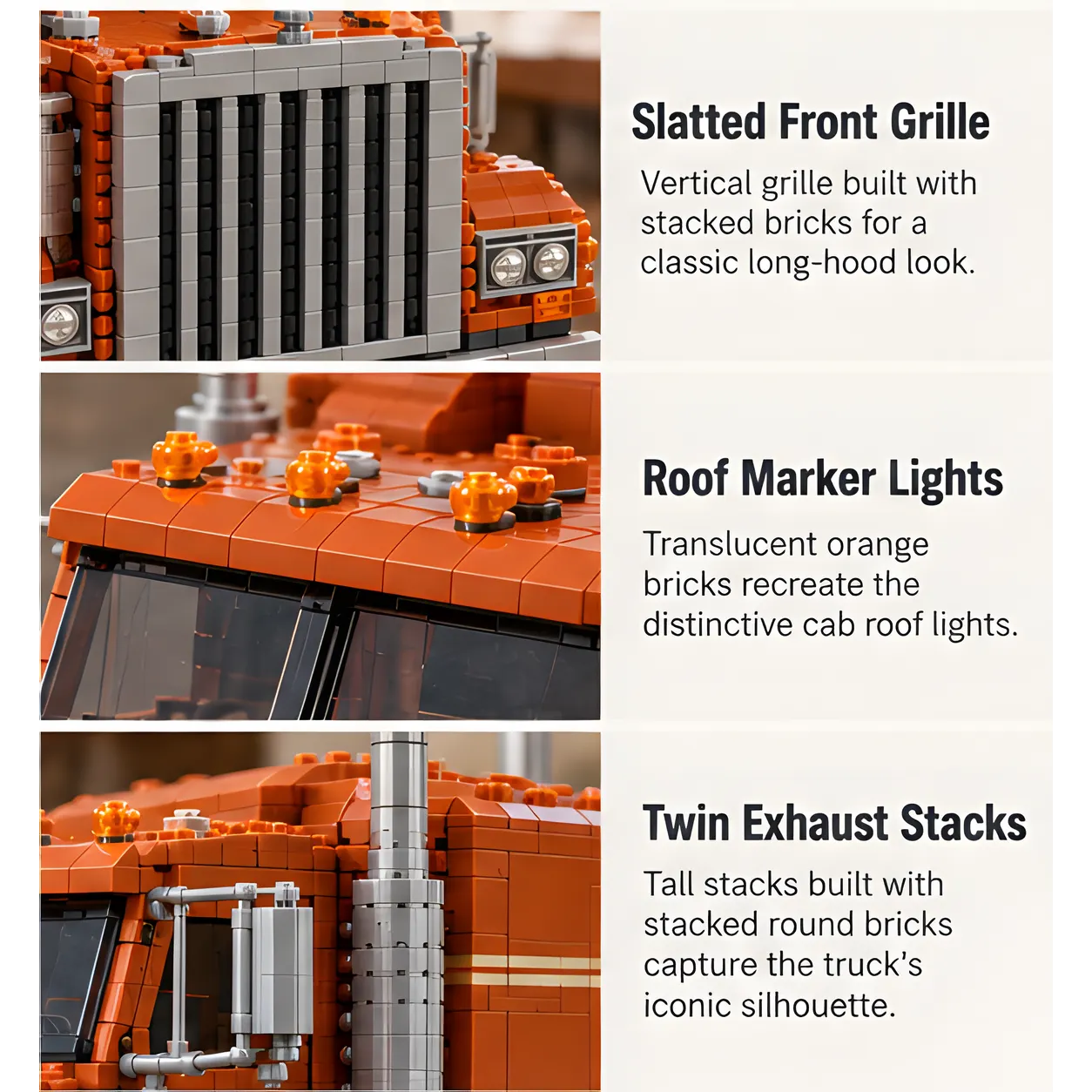 Three detail views showing the vertical slatted grille, amber cab-top lights, and tall side exhaust stacks on the burnt-orange truck build.