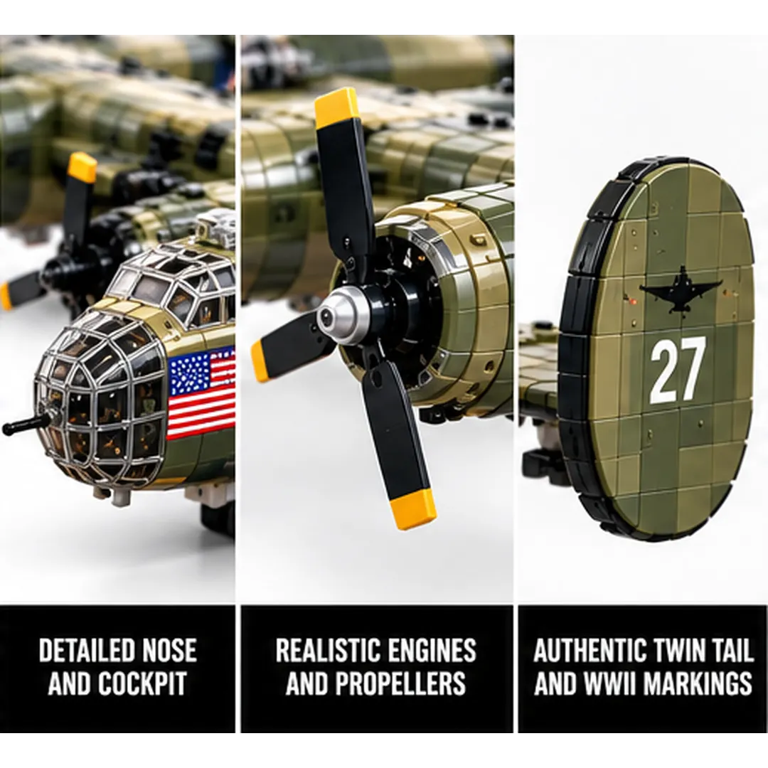 Complete olive and tan B-24 Liberator building-brick aircraft with four propellers, twin tail, and black display stand against white