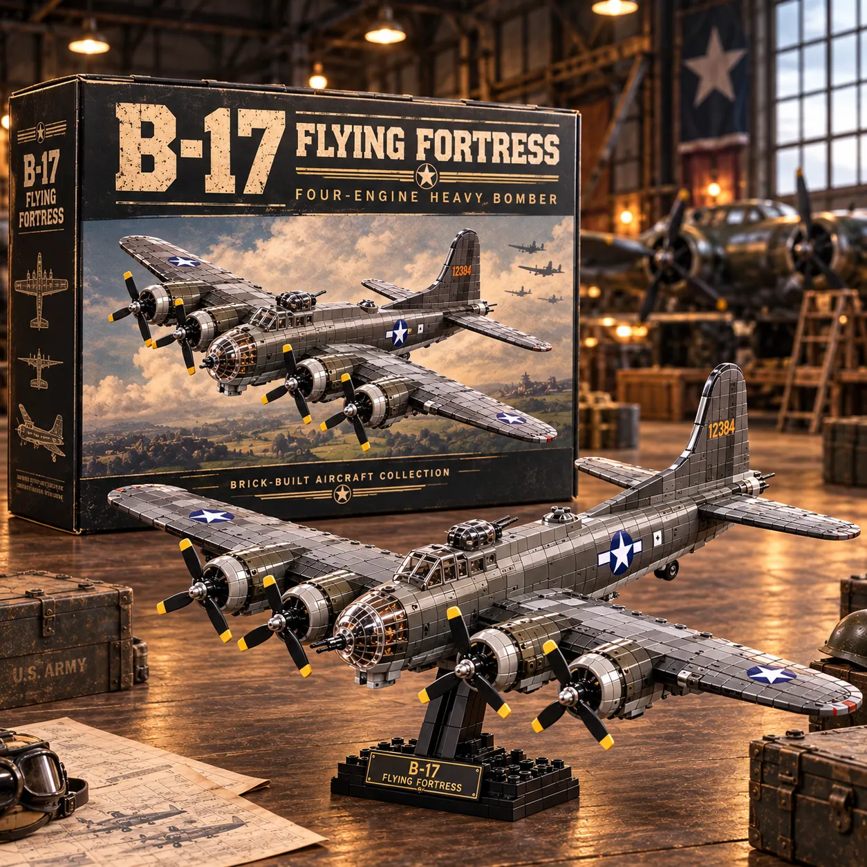 B-17 Flying Fortress brick-built aircraft on a display stand with collector presentation