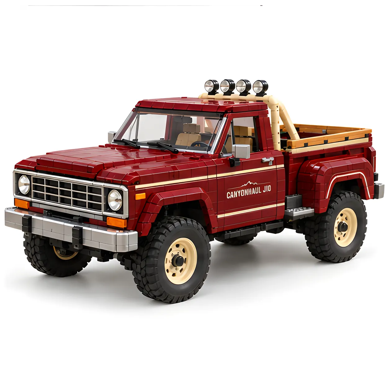 Three-quarter front view of the burgundy CANYONHAUL J10 building set with a squared grille, round headlights, cream wheel rims, and tan cargo-bed rails against a white background.