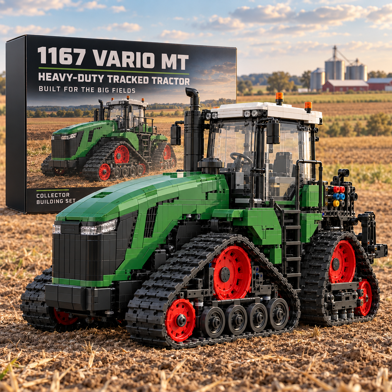1167 Vario MT-inspired green and red tracked tractor brick model with collector box in a field scene