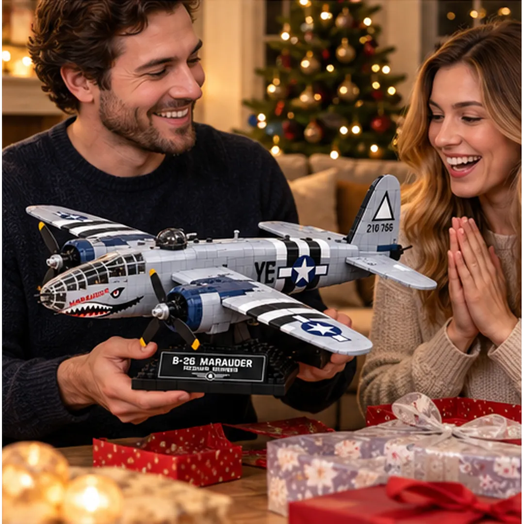 Couple enjoying a B-26 Marauder brick-built bomber on display base as a Christmas gift in a warmly lit living room