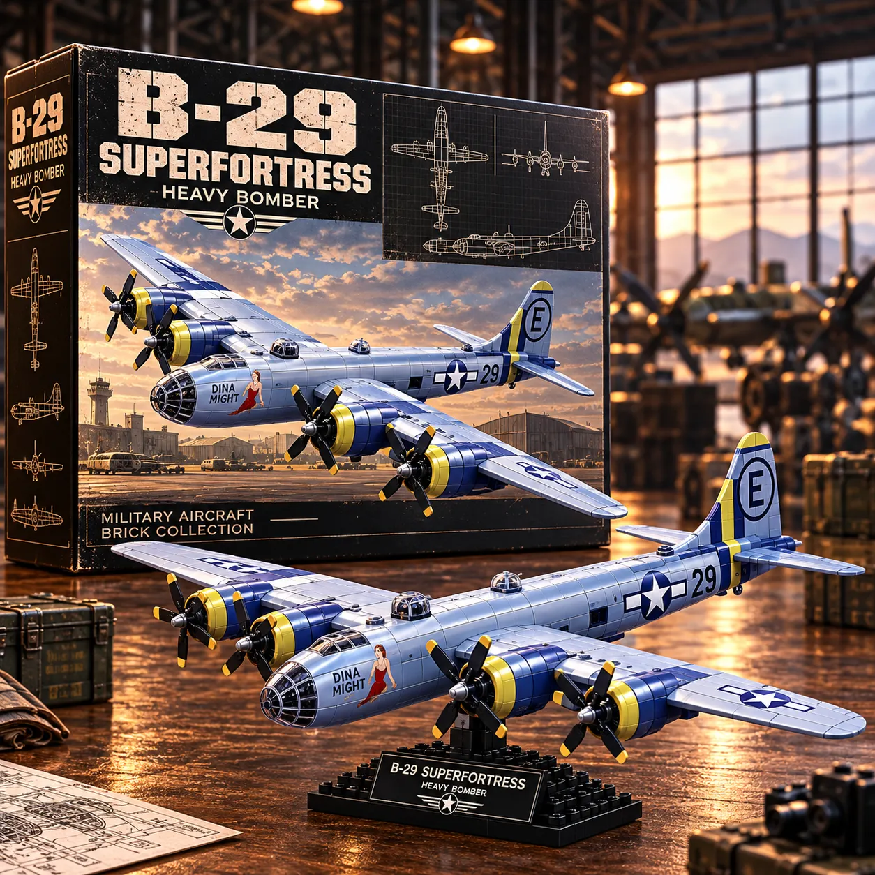 B-29 Superfortress four-engine silver-gray building model on black display base next to a collector-style box in a vintage aircraft hangar