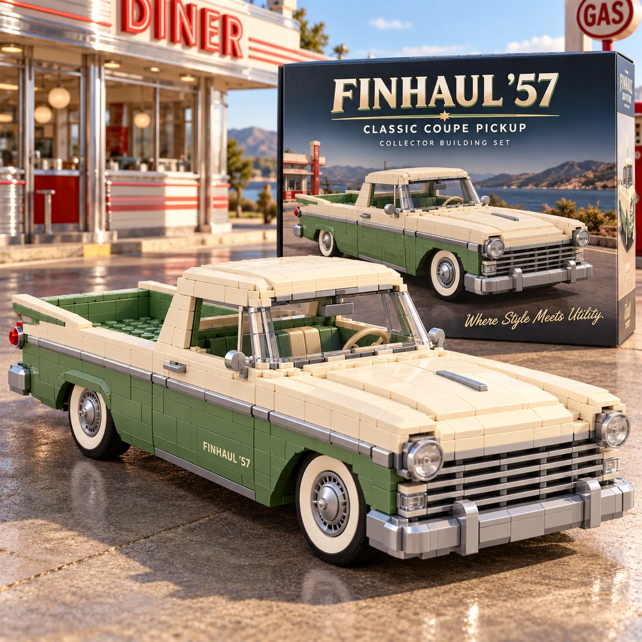 FINHAUL ’57 cream-and-olive brick-built coupe pickup with silver grille and whitewall wheels in a vintage roadside diner setting.