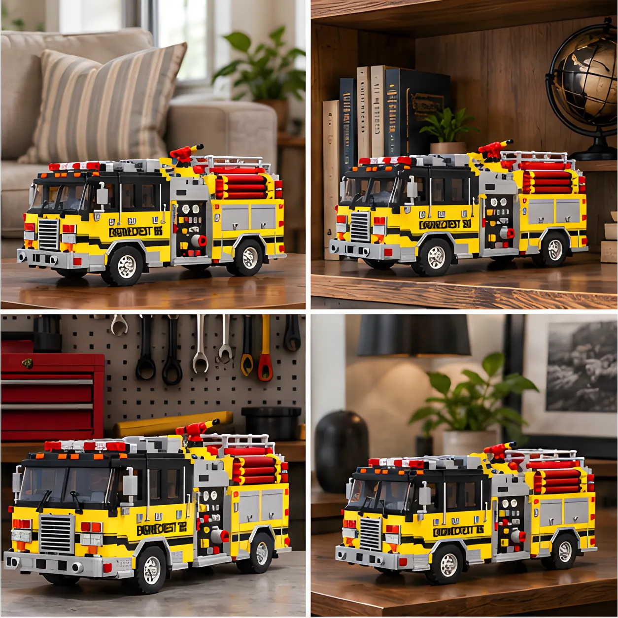 Four home display settings showing the yellow-and-black brick-built fire pumper on a table, bookcase, workshop surface, and home office shelf.