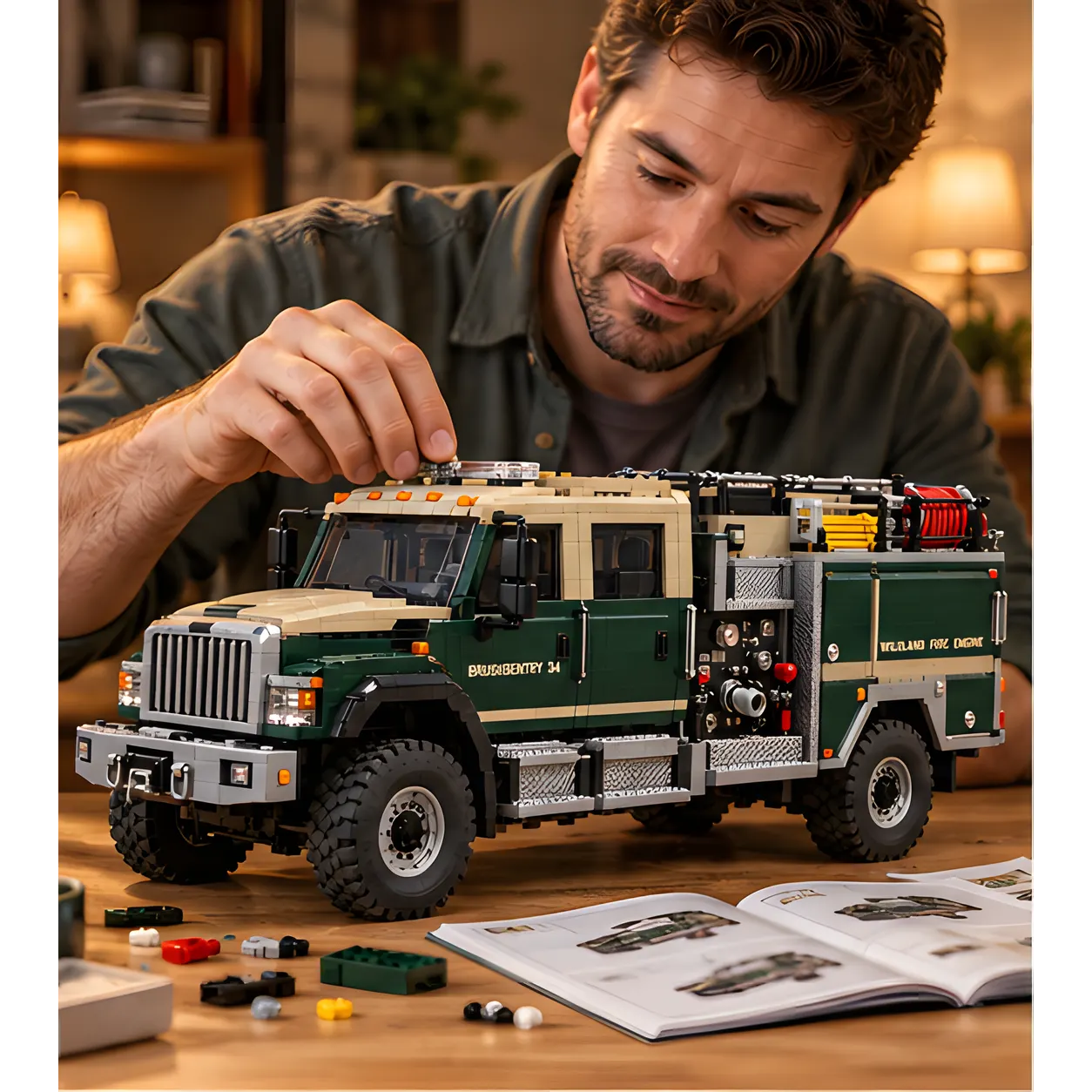 An adult fitting a small piece to the roof of a forest-green brick-built fire engine at a table with loose bricks and instructions.