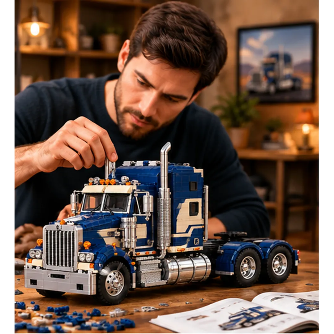 Adult hobbyist assembling a blue Australian prime mover model from building bricks