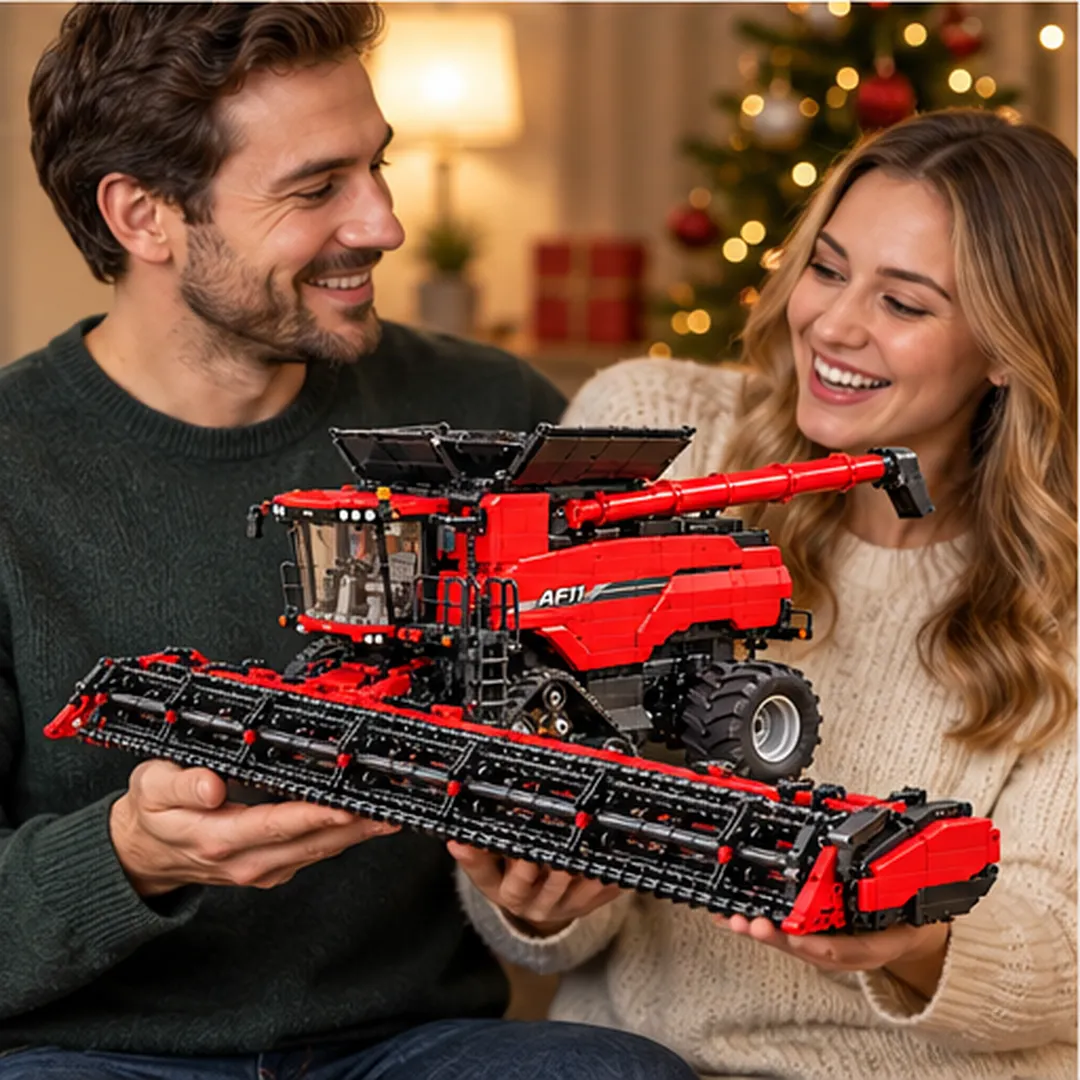 Red AF11 brick-built combine in home, office and farm-inspired display scenes