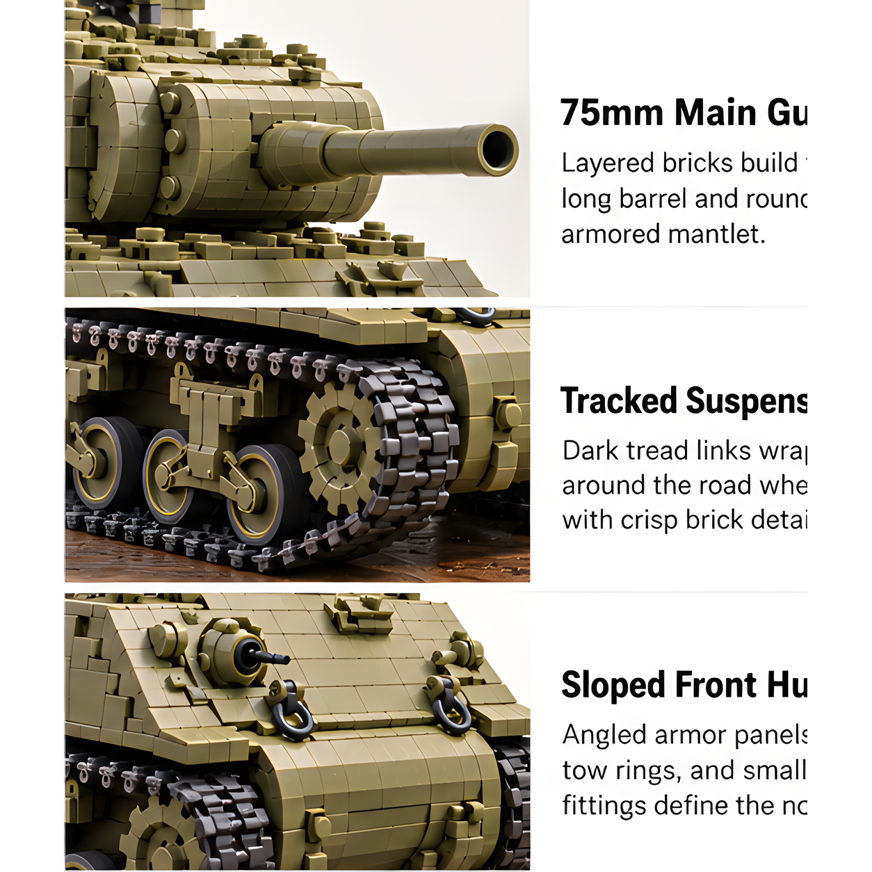 Three close-ups showing the long main gun barrel and mantlet, black tracks with paired road wheels, and sloped front glacis with tow hooks.