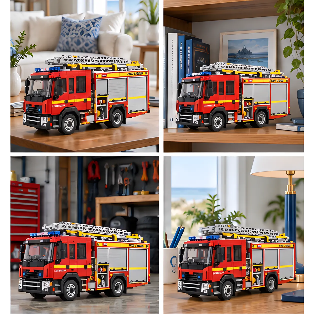 Four home settings with the red British fire engine brick build on a table, bookshelf, workbench, and desk.
