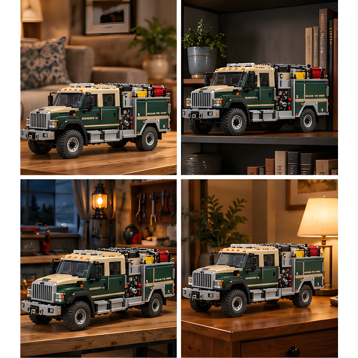 Four home settings featuring a green-and-sand wildland fire engine build on a wooden table, shelf, and workbench.