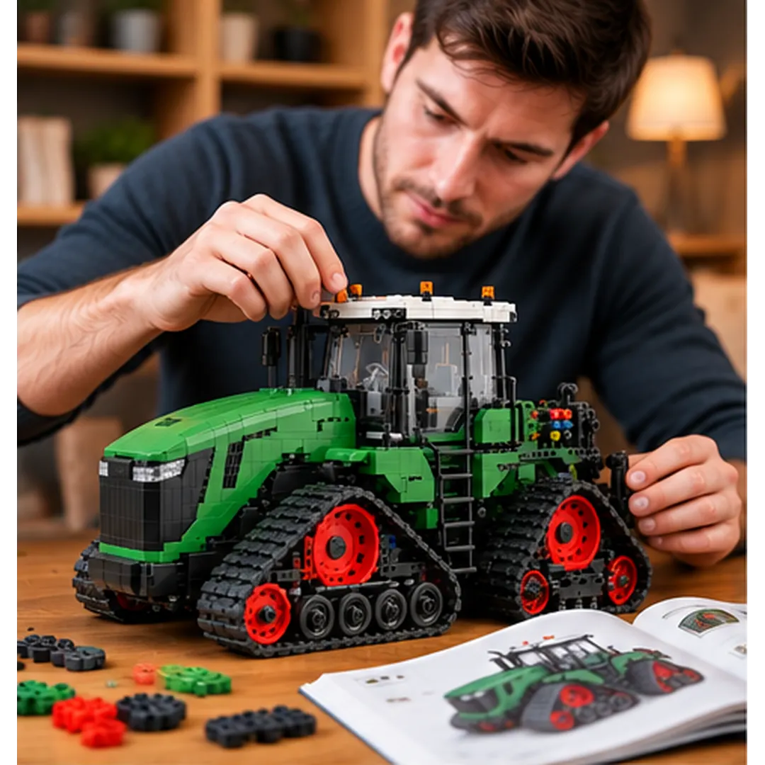 Adult enthusiast assembling a green tracked tractor brick model at a wooden table with loose pieces and instructions