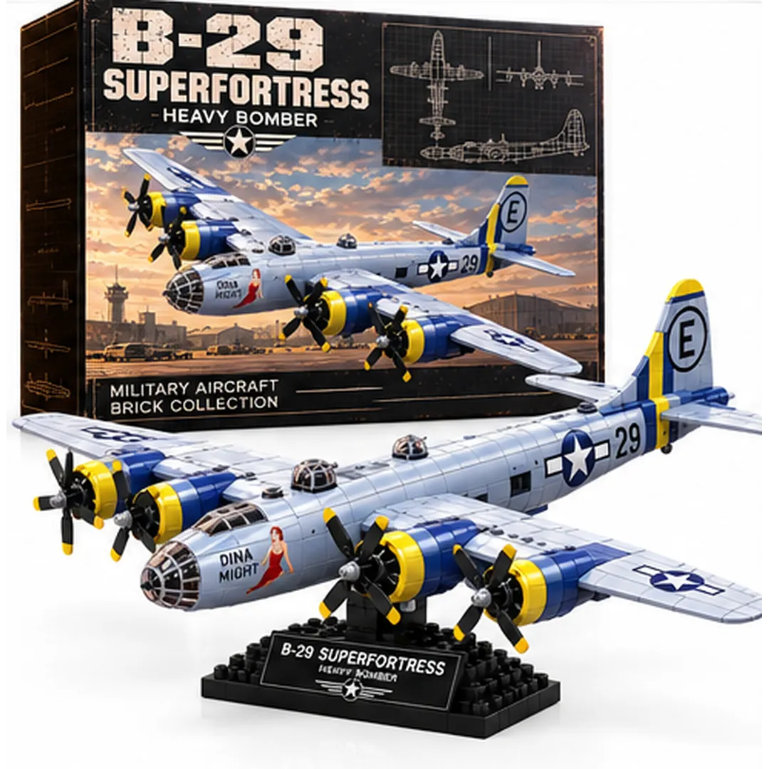 Complete B-29 Superfortress brick-built aircraft with four blue-and-yellow engine nacelles, silver-gray wings, tall single tail and black display base against white background