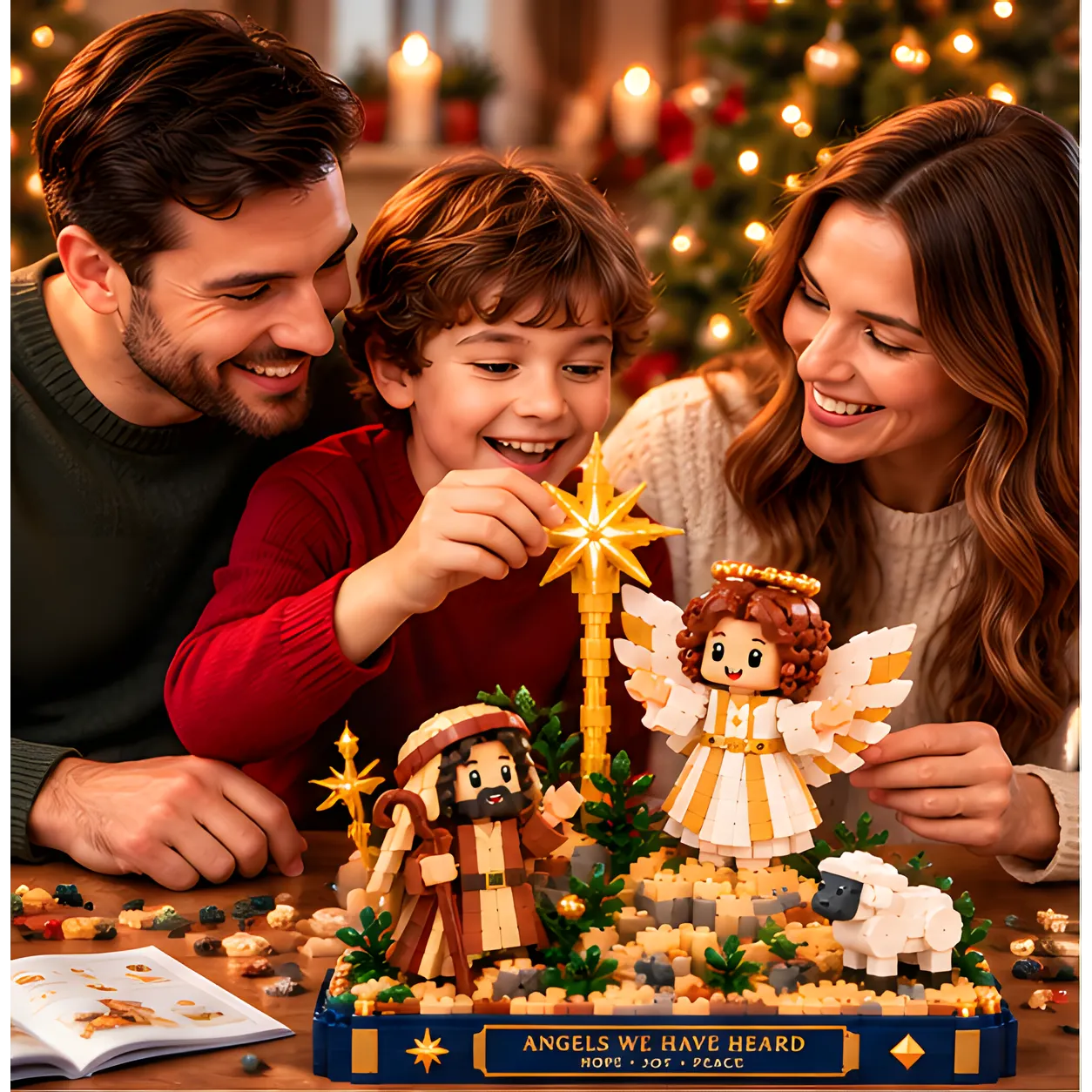 Two adults and a child assembling the Christmas brick scene with a tall gold star, curly-haired angel, shepherd, and white sheep