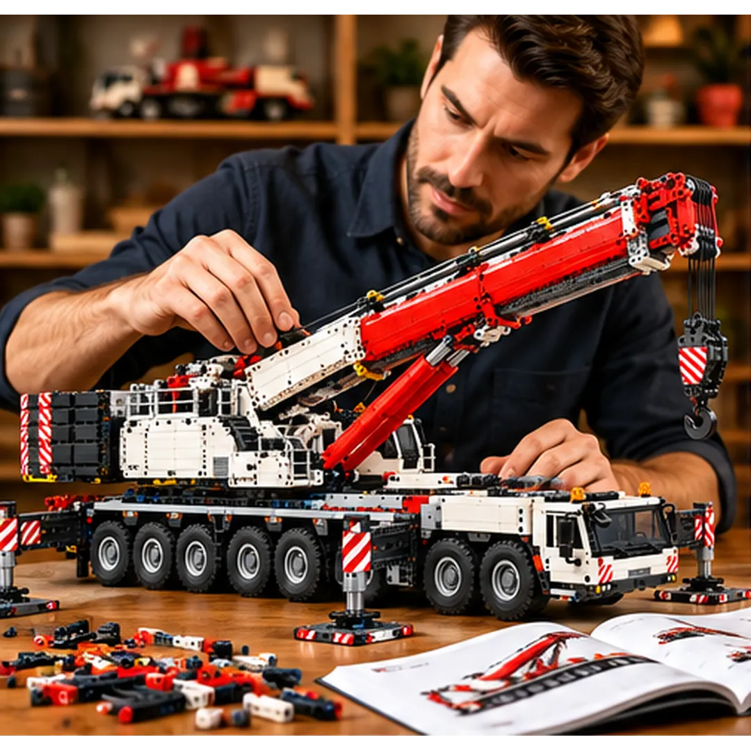 Adult builder assembling the crane brick model at a table with loose parts and instructions