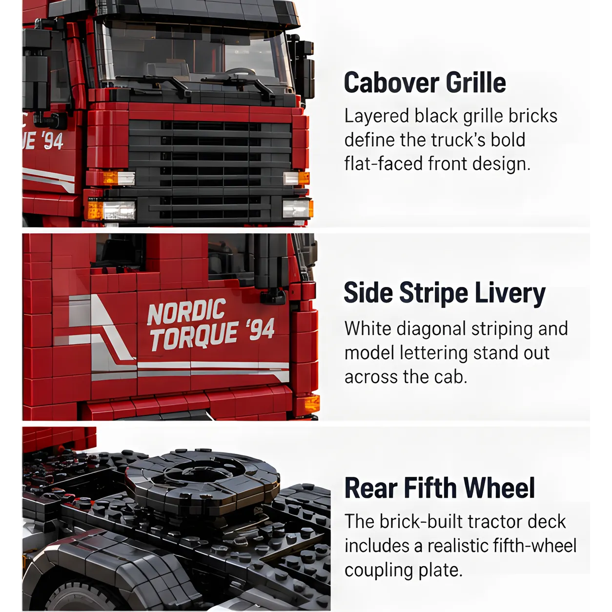 Three close-up sections of the red brick-built tractor showing its layered black front grille, white diagonal cab graphics, and rear fifth-wheel coupling.