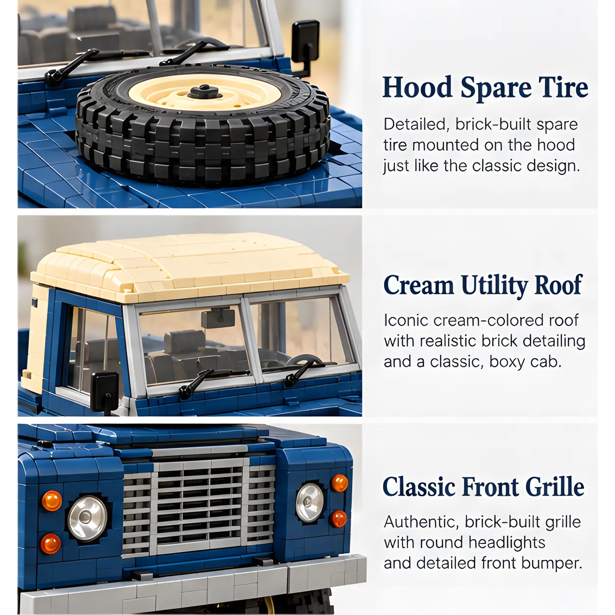 Three close views of the spare tire on the hood, cream cab roof and windshield, and horizontal front grille with round headlights.