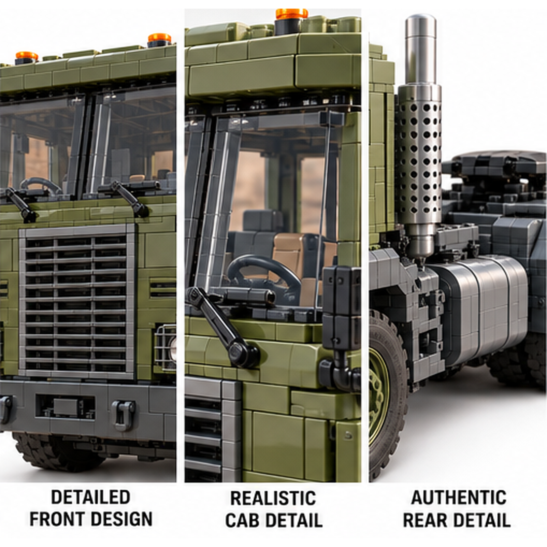 Three close-up views of the brick tractor front grille, windowed cab, and exhaust with side tank and rear coupling