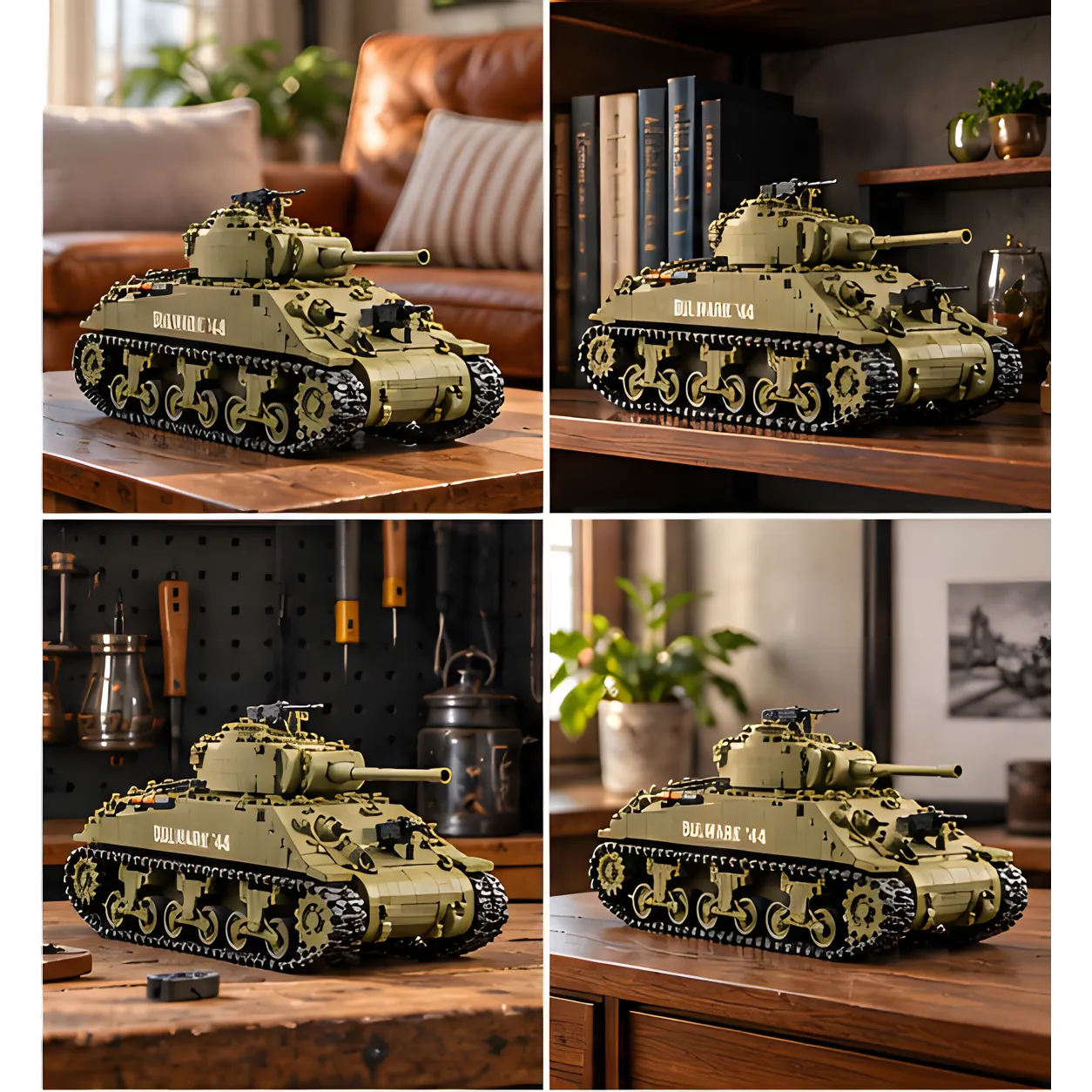 Four images of the olive-drab brick-built tank displayed on a coffee table, bookcase, workbench, and sideboard.