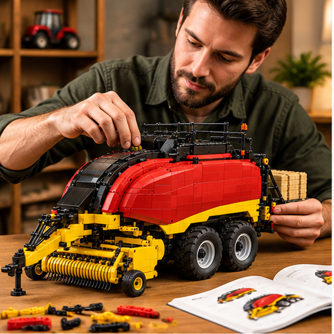 BigBaler 340 PLUS building model details including pickup tines, layered red body panels, and rear square bale display