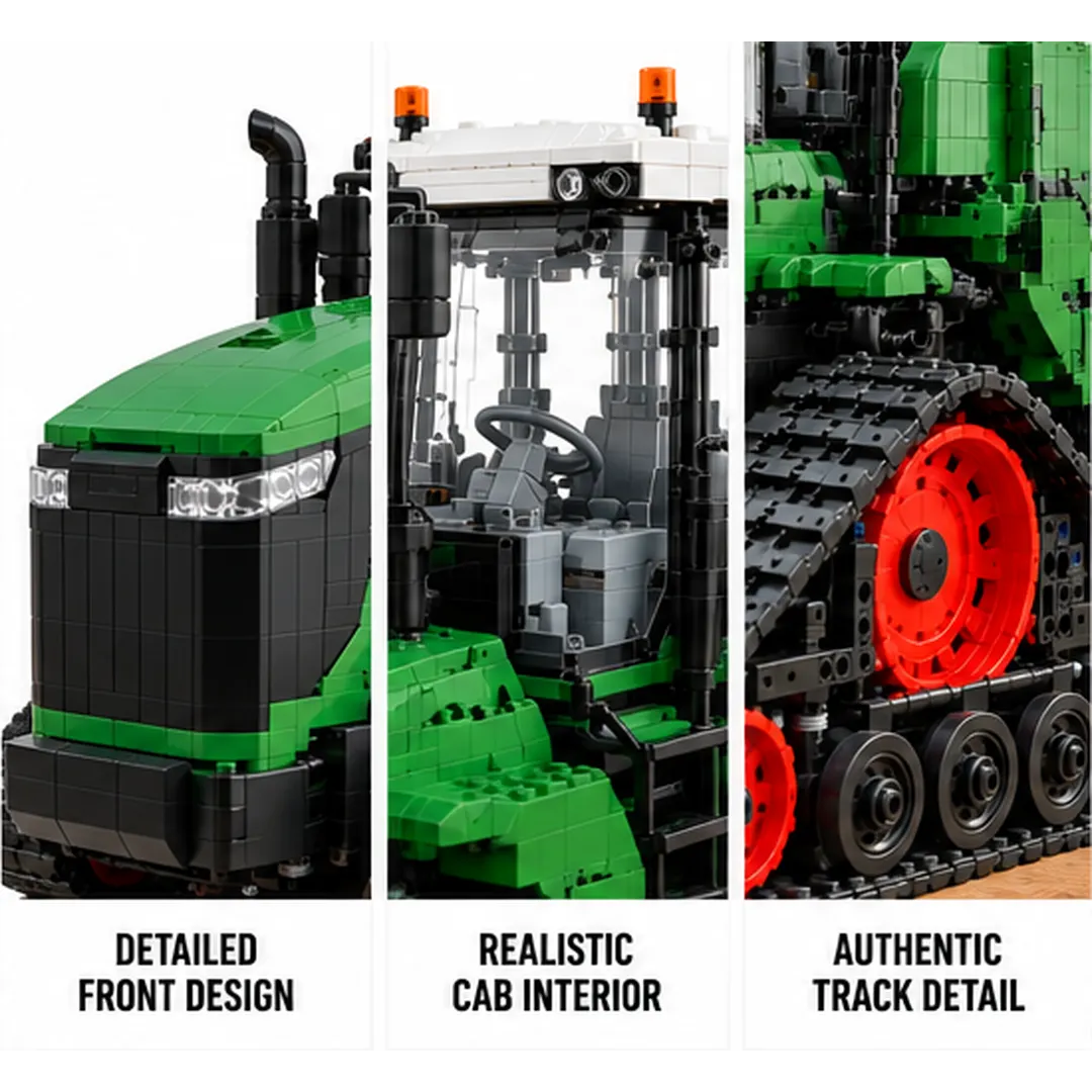 Tracked tractor building model close-up of the layered front hood, transparent cab and red-centered black track details