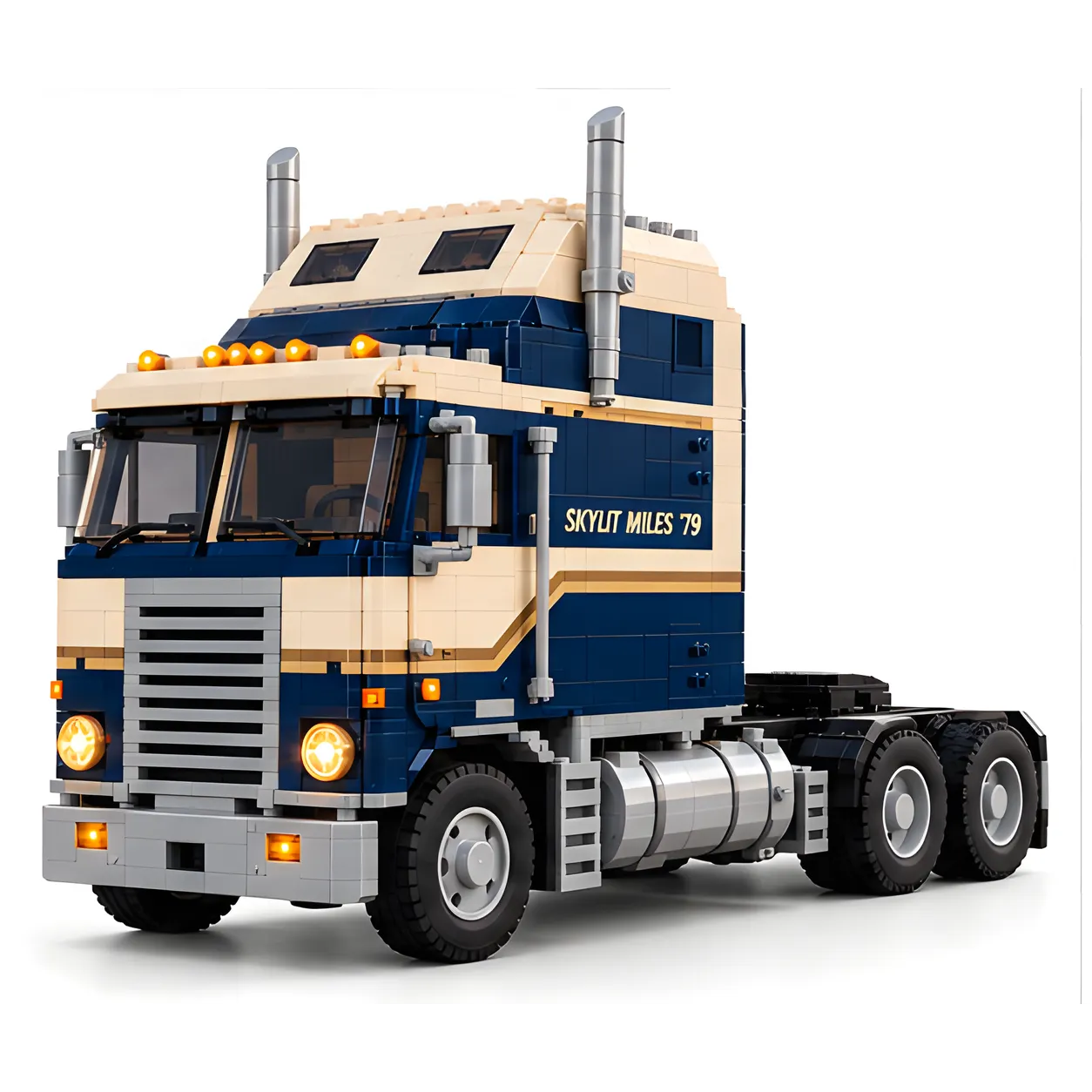 Skylit Miles '79 navy and cream cabover brick build on a white background, showing the squared front, raised sleeper roof, silver stacks, fuel tank, rear wheel pairs, and trailer coupling plate.
