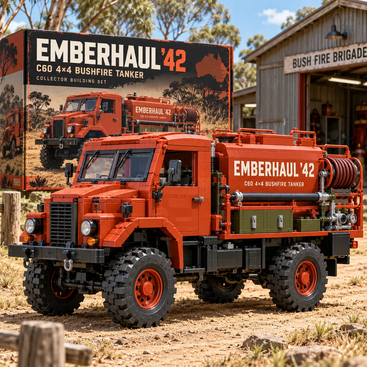 Red brick-built bushfire tanker with large 4x4 tires, black grille, side hose reel, silver piping, and olive lockers outside a rural fire brigade shed.