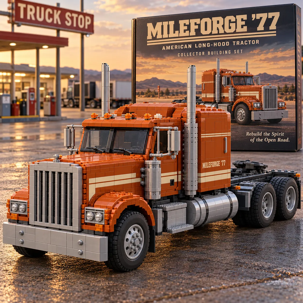 Burnt-orange brick-built American long-hood truck with silver grille, twin vertical stacks, rear sleeper section, tandem rear axles, and presentation box at a truck stop.