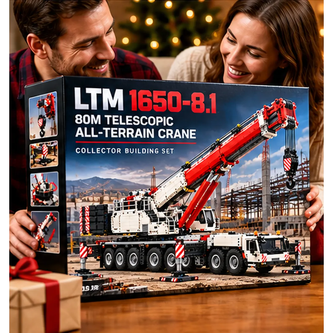 Gift-style presentation of the crane brick building set with two people holding the box