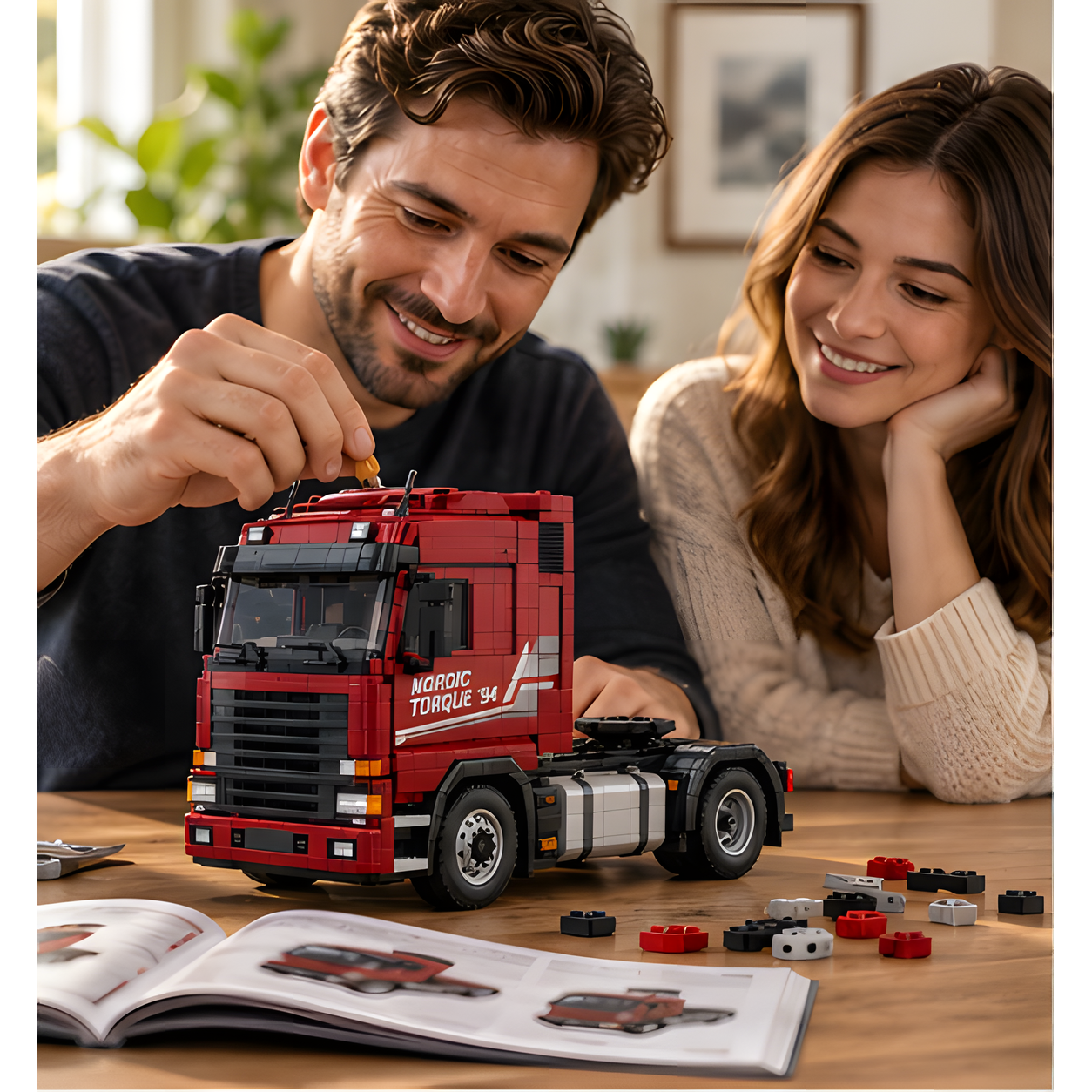 A man fitting a small brick to the roof of a red cabover truck while a woman watches across a wooden table with loose building pieces and open instructions.