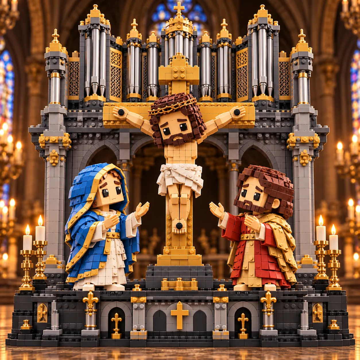 Detailed Christian crucifixion cathedral brick display