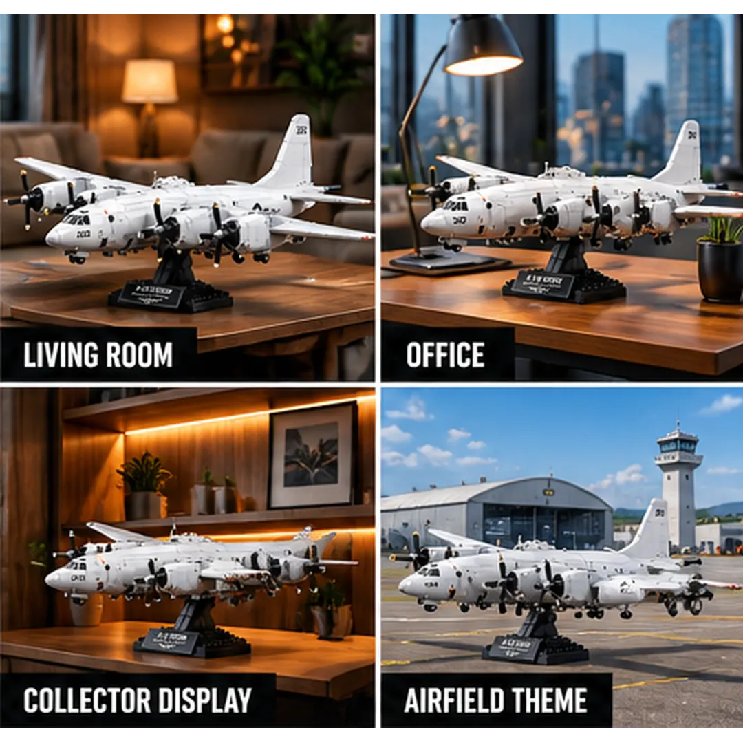 Complete P-3-inspired aircraft model with broad wings and display stand