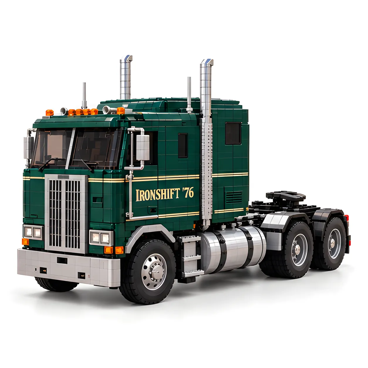 Three-quarter view of completed forest-green cabover brick build with silver front bumper, vertical exhaust pipes, and tandem rear wheels on a white background.