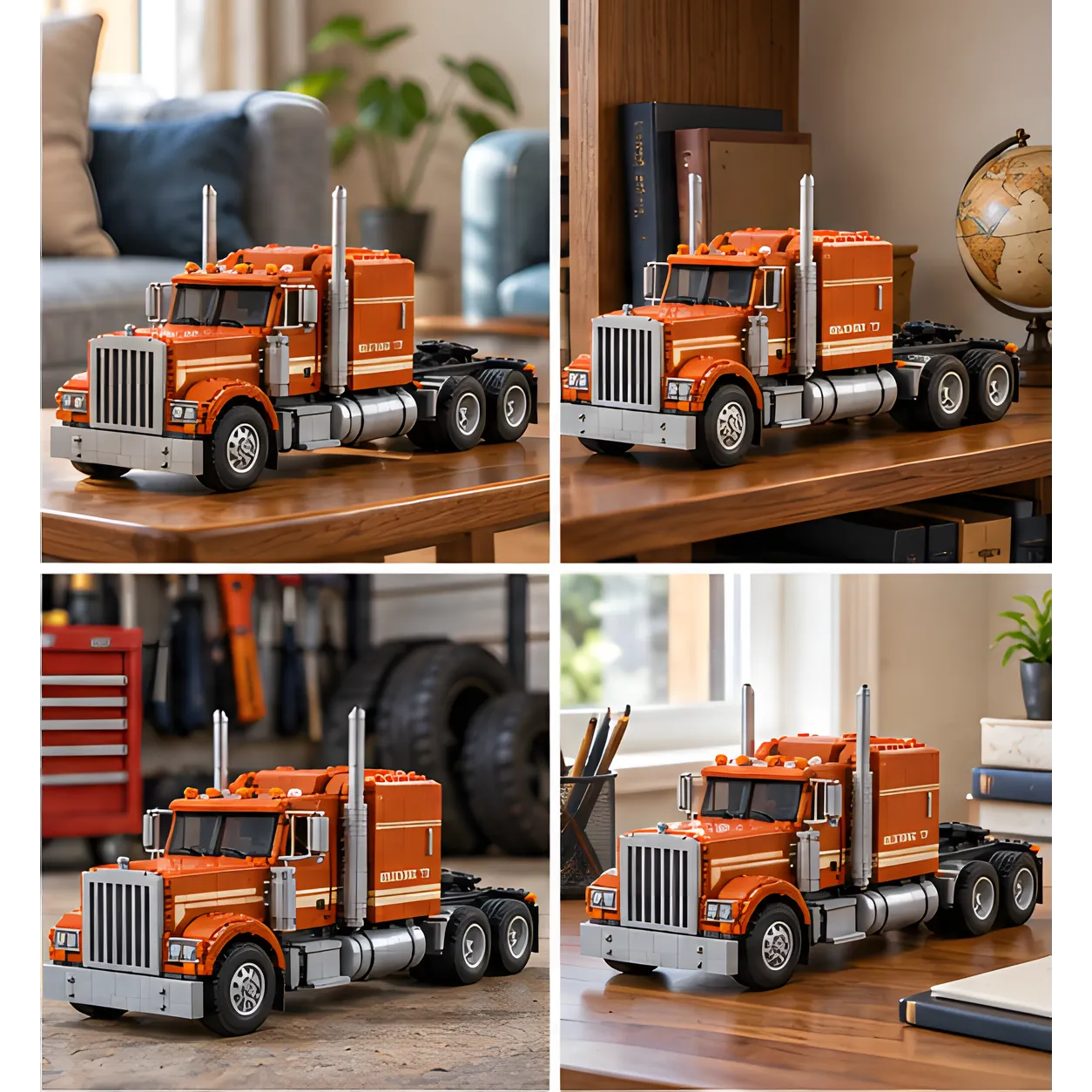 Four home display scenes featuring the burnt-orange brick-built truck on a living room table, bookshelf, garage bench, and desk.