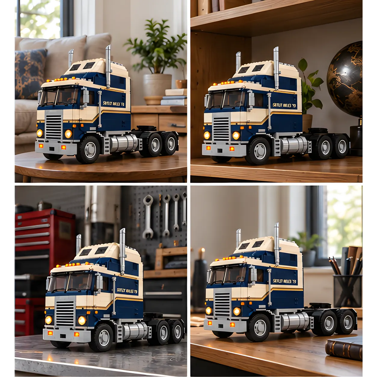 Four home display scenes featuring the finished navy and cream raised-roof cabover brick build on a coffee table, shelf, workshop bench, and desk.