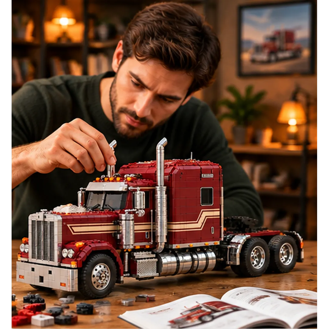Adult builder assembling a burgundy long-hood sleeper truck from building bricks