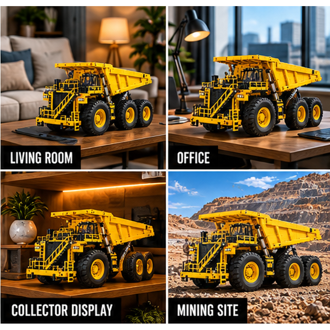 Mining haul truck model close-ups showing front access railings, cab interior and hoist-cylinder-inspired details