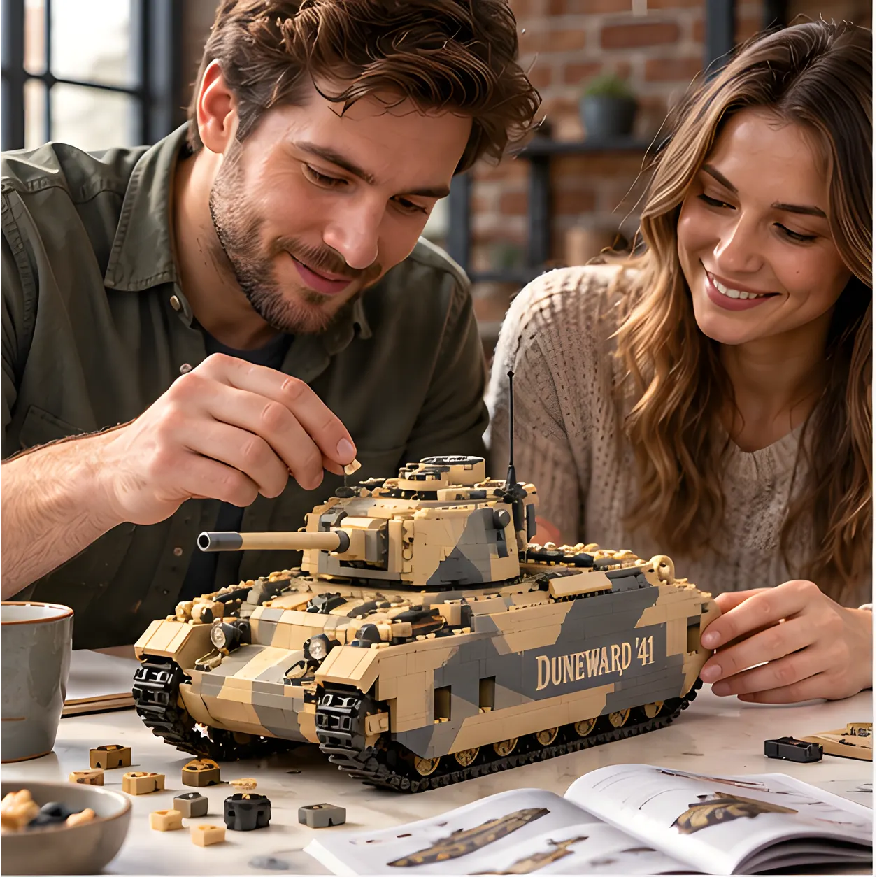 Adult man placing a small tan brick on a desert-colored tank build while an adult woman watches beside an open instruction booklet.