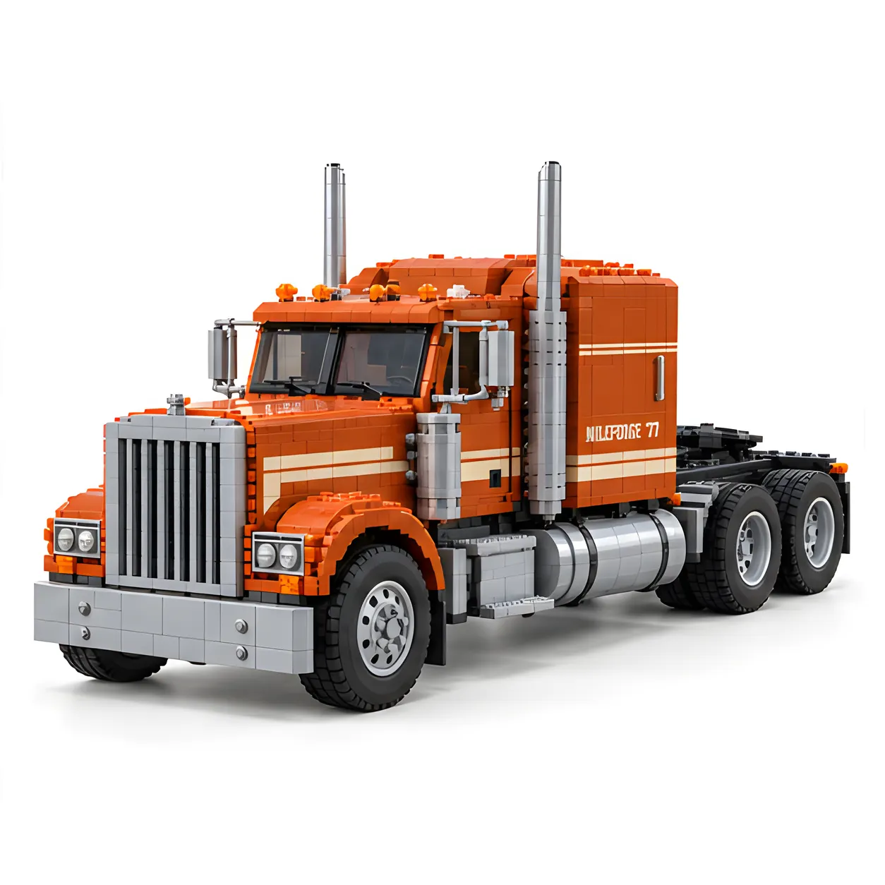 Burnt-orange long-hood truck brick build on a white background with upright slatted grille, sleeper section, side fuel tanks, and tandem rear axles.
