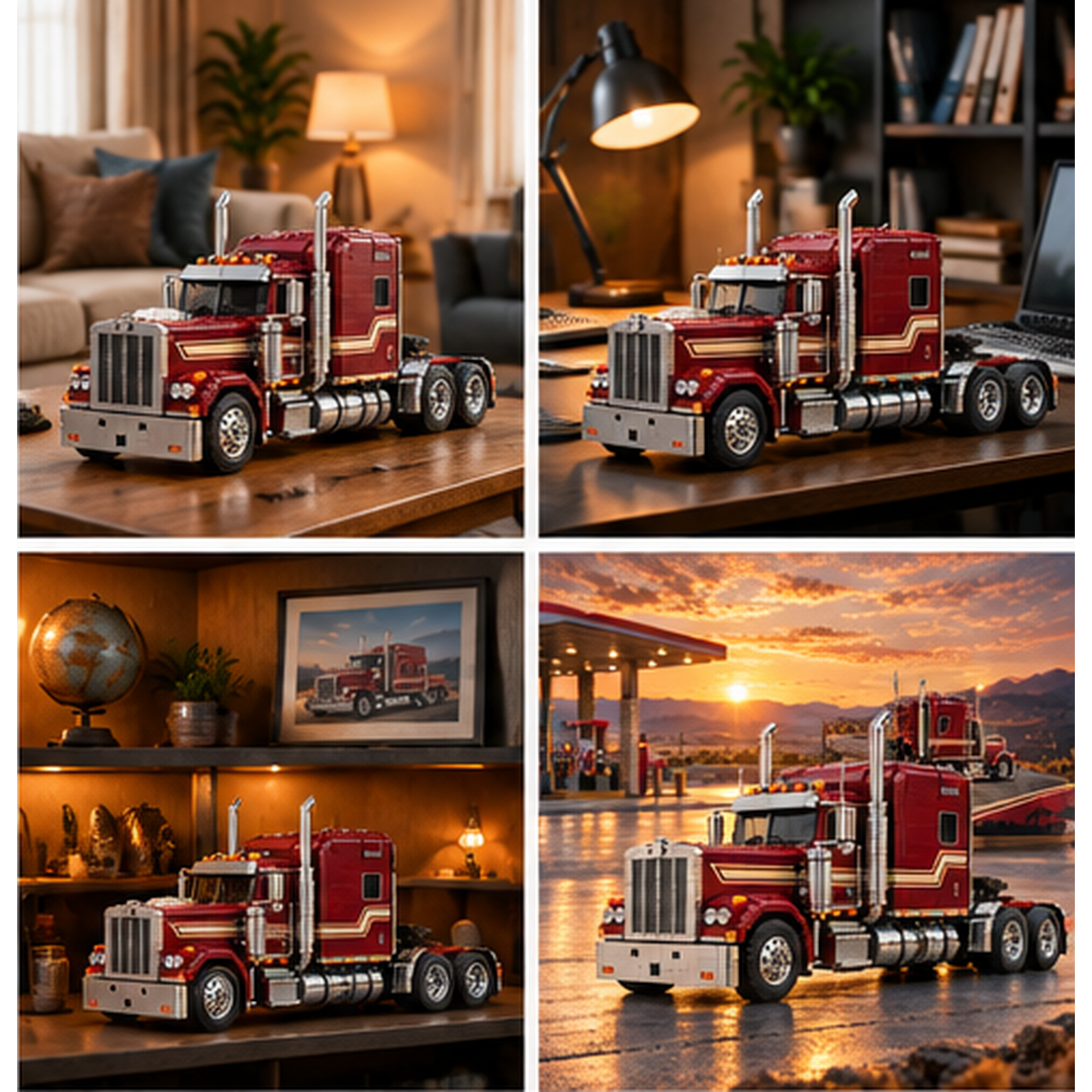 Burgundy and cream brick-built highway tractor in home and collector display settings