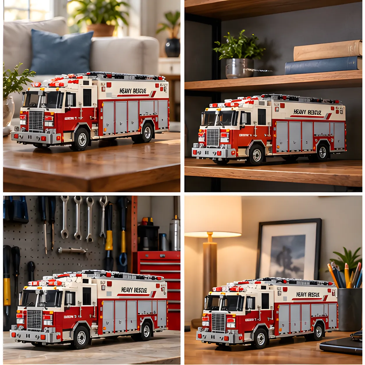 Red and cream brick-built rescue truck displayed on a living room table, bookcase shelf, workshop surface, and home desk.
