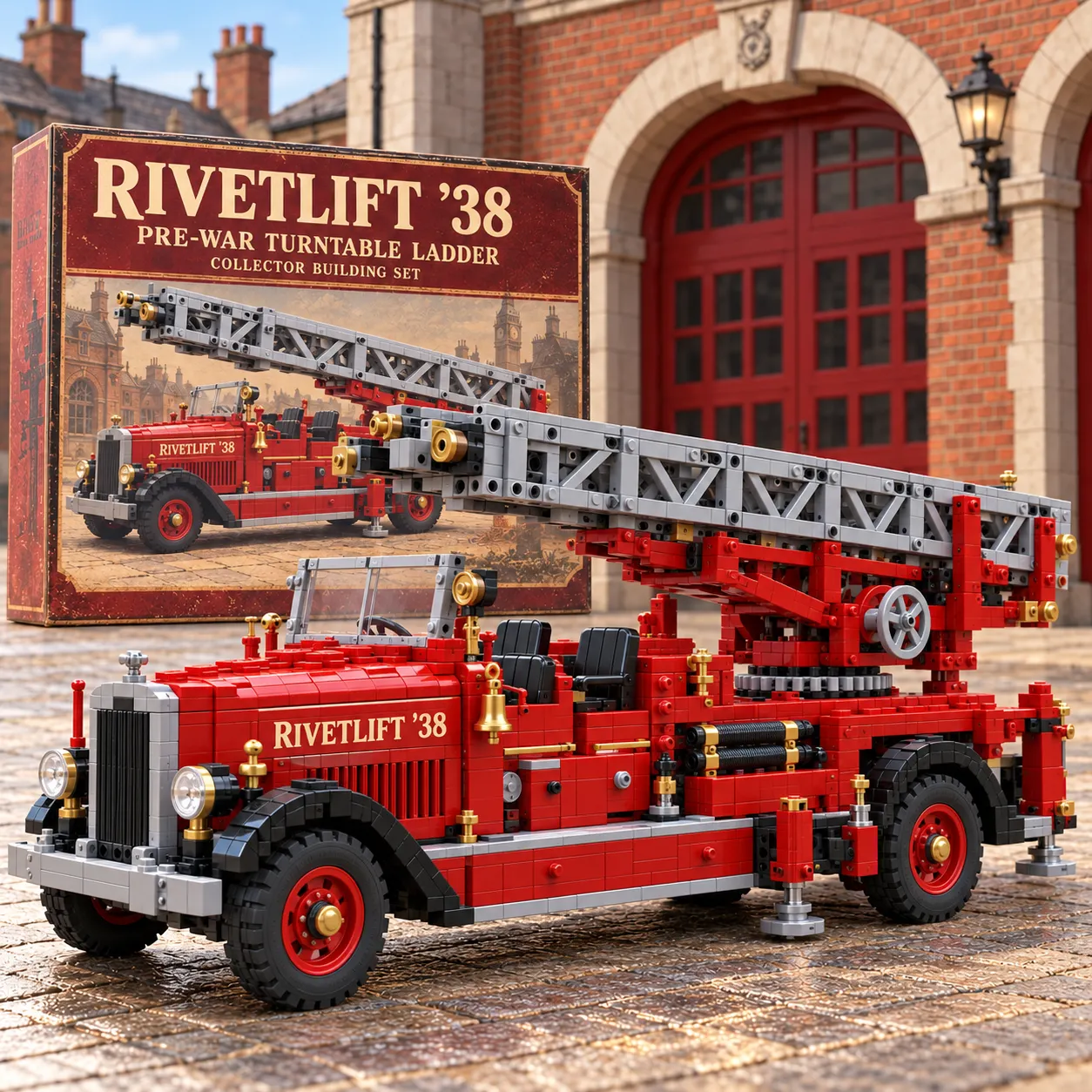 Red 1930s-inspired brick-built fire truck with a long gray aerial ladder and brass-tone details outside a vintage firehouse