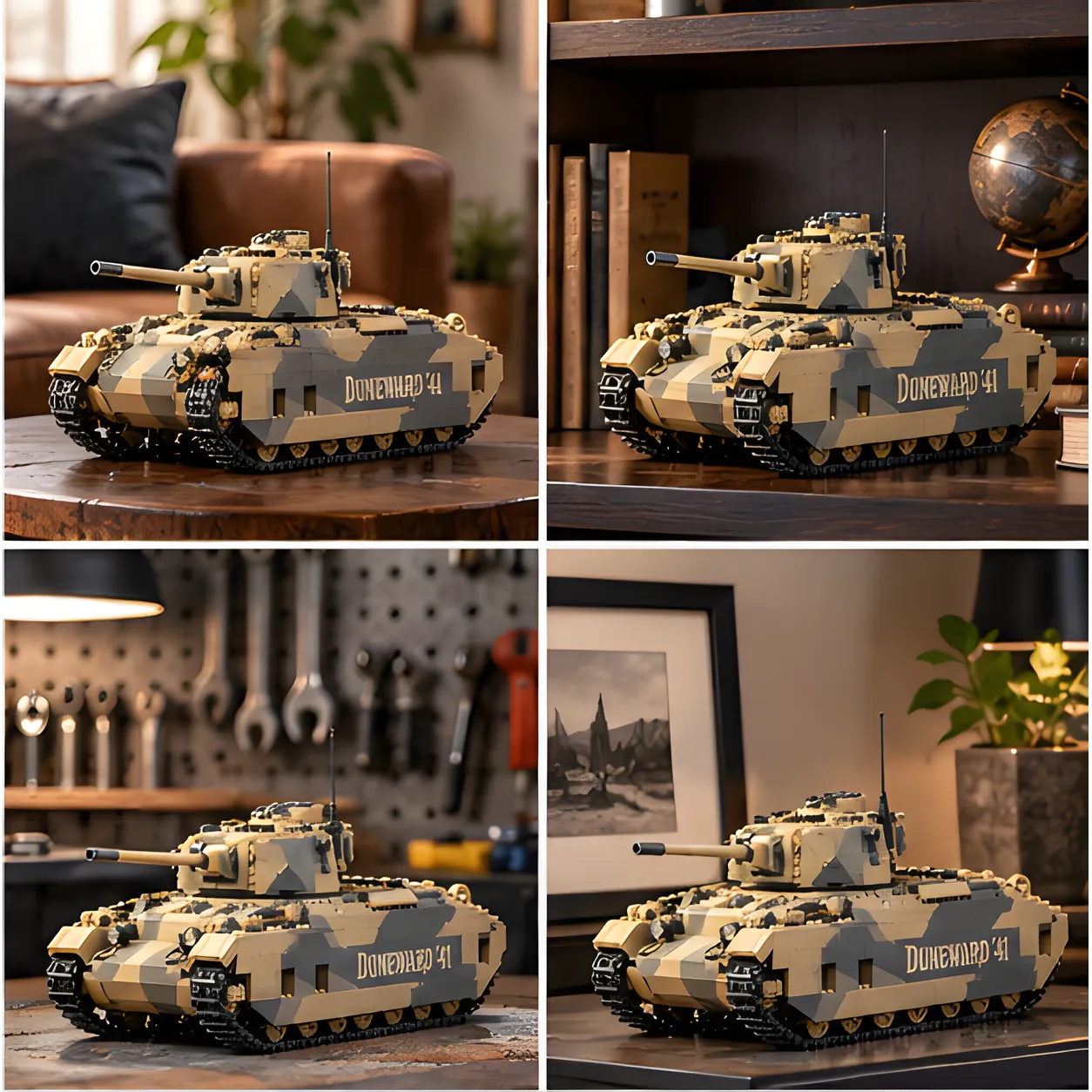Four views of the completed Duneward '41 brick tank on a living room side table, bookcase shelf, workshop surface, and desk near framed art.