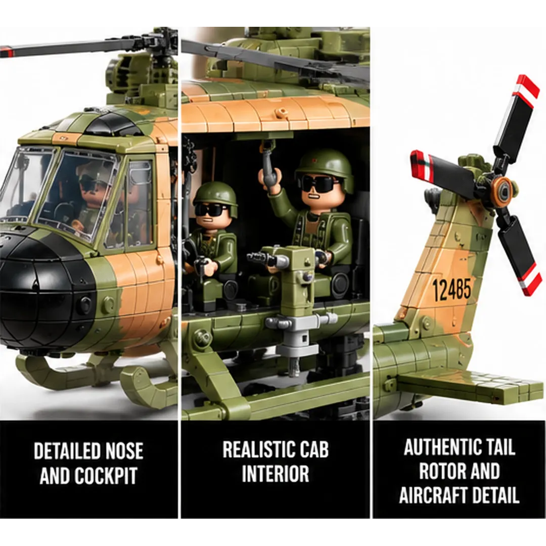 Complete UH-1 Huey inspired helicopter brick model