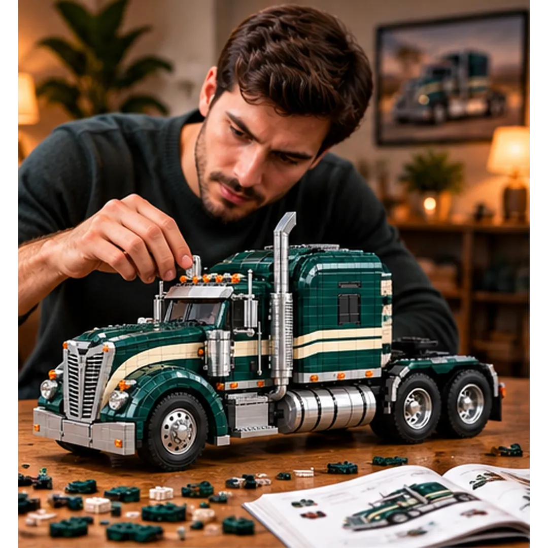 Adult enthusiast assembling the green semi-truck brick model at a table with loose building pieces