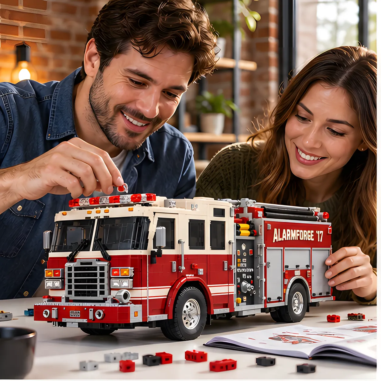Two adults assembling a red and ivory brick-built pumper fire engine at a table with loose pieces and an instruction booklet.
