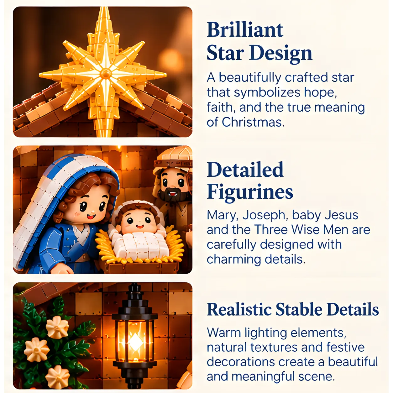 Three close-up views of the golden star above the roof, Mary and baby Jesus beside Joseph, and a black hanging lantern with green foliage.