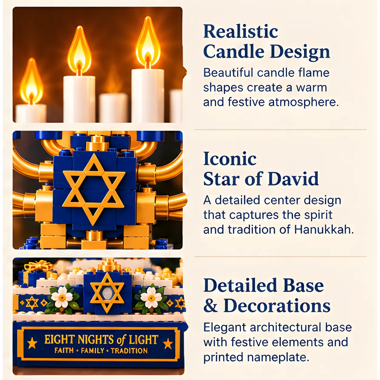 Three detail views of flame-shaped candle tops, central gold Star of David on blue bricks, and layered front base with decorated nameplate