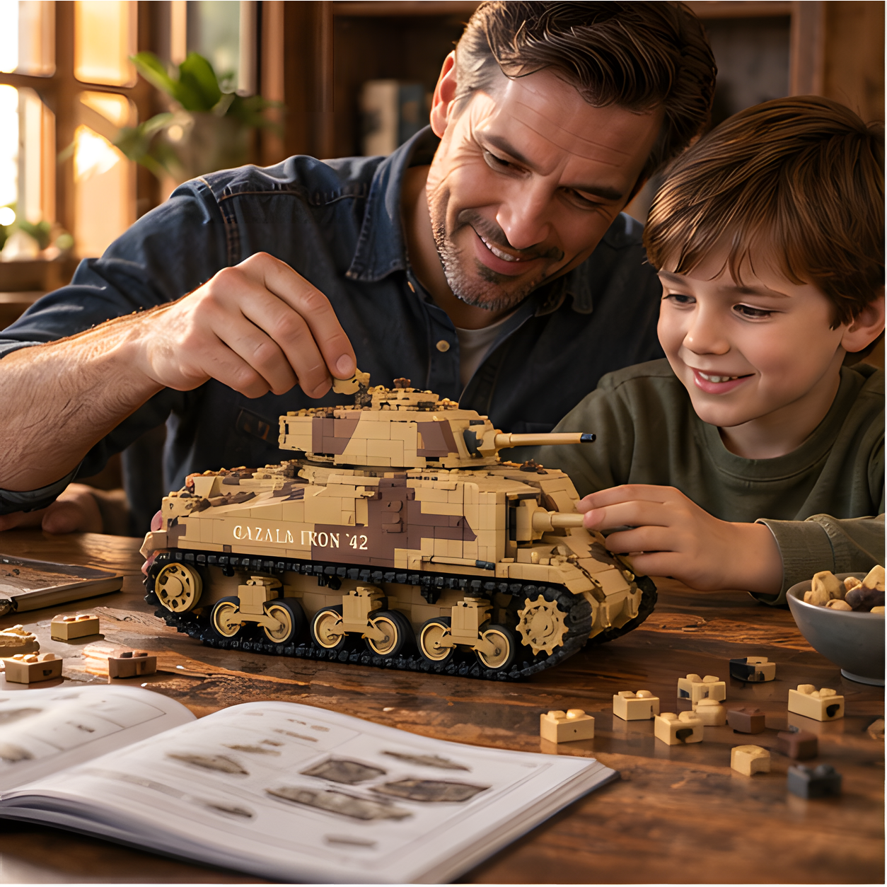 Adult and child working on tan-and-brown tank brick build at a wooden table with scattered pieces and open instructions