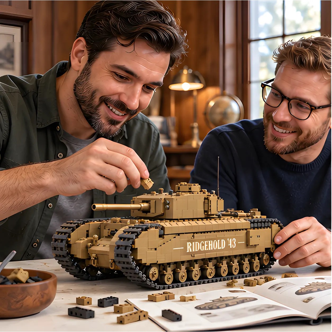 Two adult men assembling a tan brick infantry tank at a table with loose pieces and an open instruction booklet